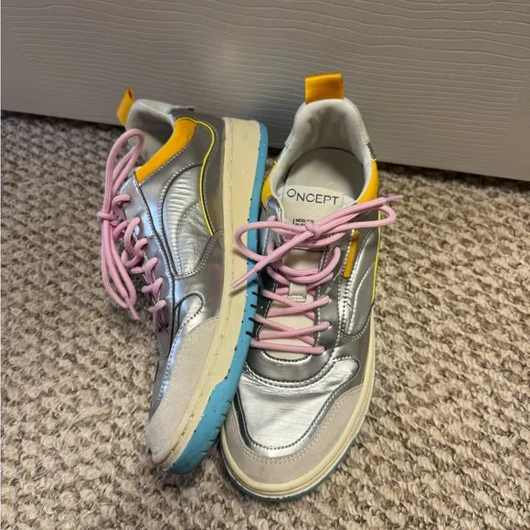 ONCEPT Silver Metallic Sneakers with Pink Laces & Yellow Accents - Picture 3 of 7